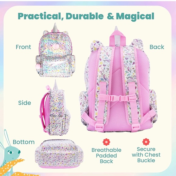Ombu Girls Unicorn Backpack. Fun and whimsical iridescent fabric. - Picture 7 of 11